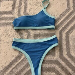 Asymmetric One-Shoulder Bikini Set in Teal and Light Aqua